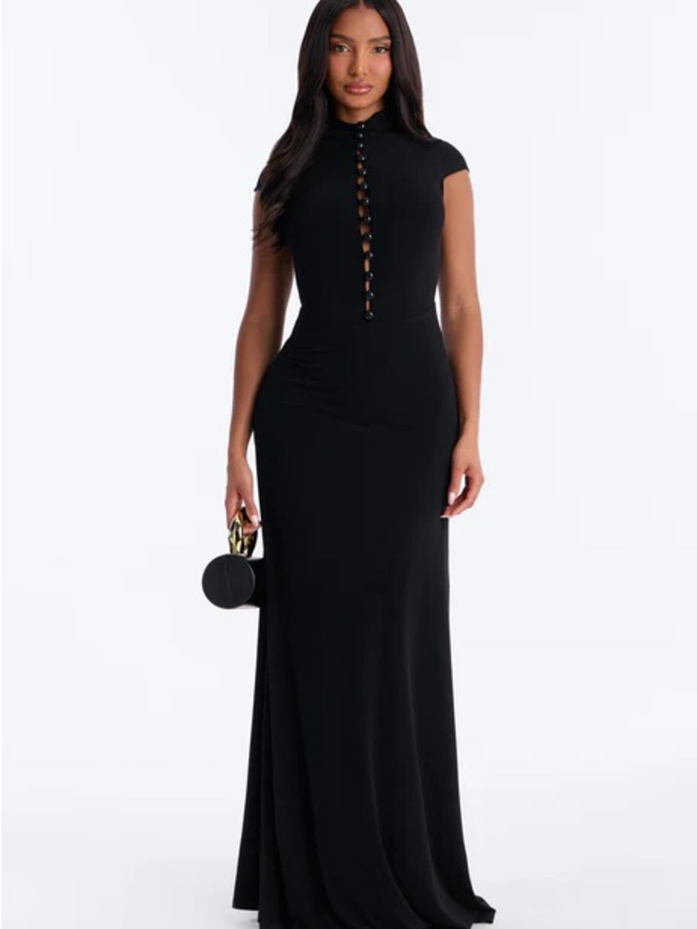 BRAND NEW Fashion Nova Black Cap-Sleeve Maxi Dress with Front Button Placket